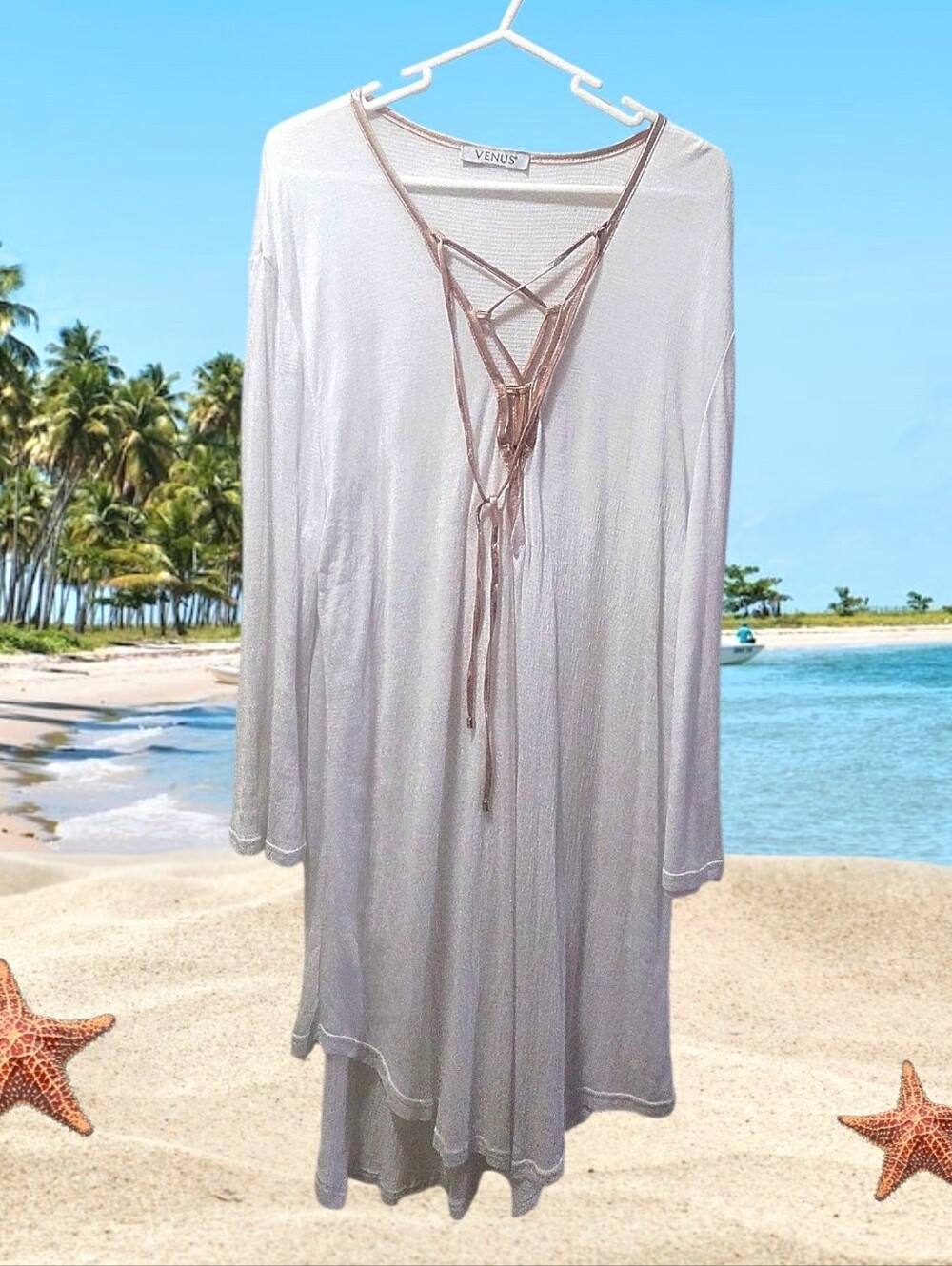 VENUS Rose Gold Lace-Up V-Neck Long Sleeve Swim Coverup